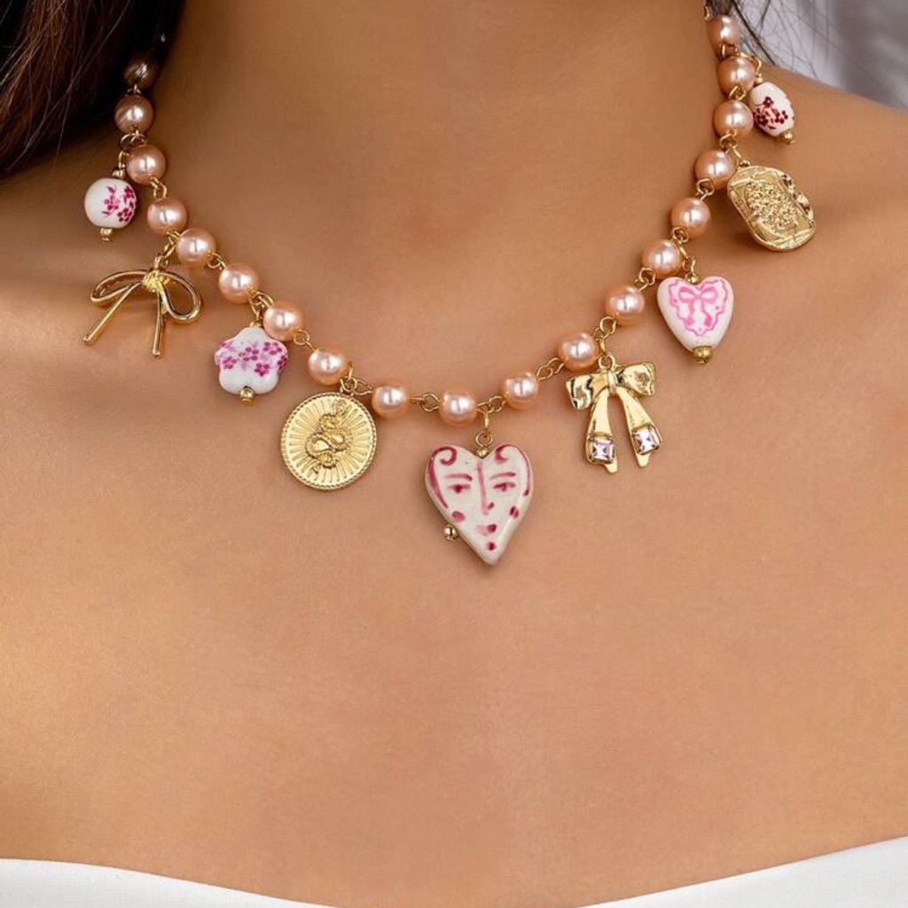 1pc Ceramic Heart Bow Charm Necklace With Faux Pearl Beaded Chain Multi Charms 22$